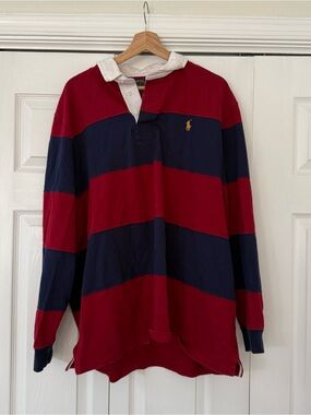 Ralph Lauren Red & Navy Striped Rugby Sweater with White Collar